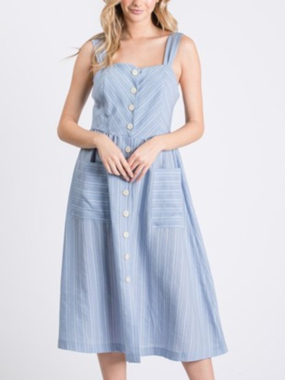B66 Sleeveless Striped Woven Dress Blue Midi NEW
